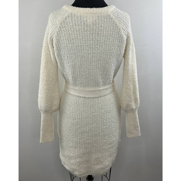 EMMA & POSH Off White Boucle Knit VNeck Balloon Sleeve Tie Waist Sweater Dress M - Picture 4 of 7